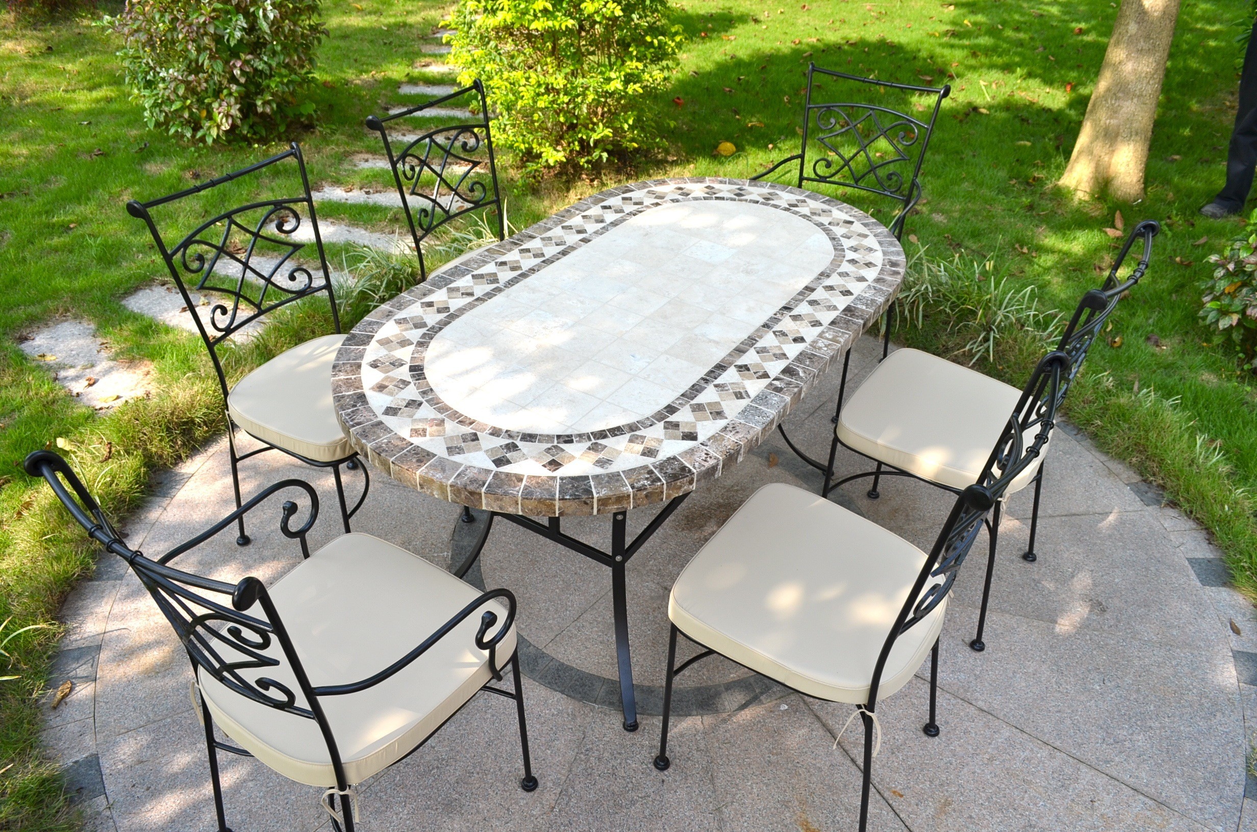 Table de jardin mosaïque 240-180-160cm ovale marbre travertin OVALI