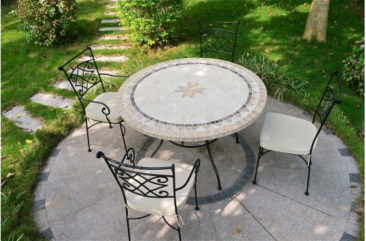 Table de jardin ronde pierre mosaïque marbre 90-160 MEXICO