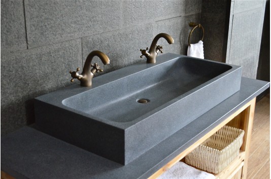 lavabo salle de bain double vasque en pierre granit gris LOOAN 100x46