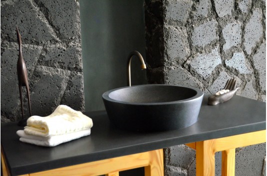 Vasque ronde pierre naturelle granit noir LEAF SHADOW Vasque ronde pierre naturelle granit noir LEAF SHADOW