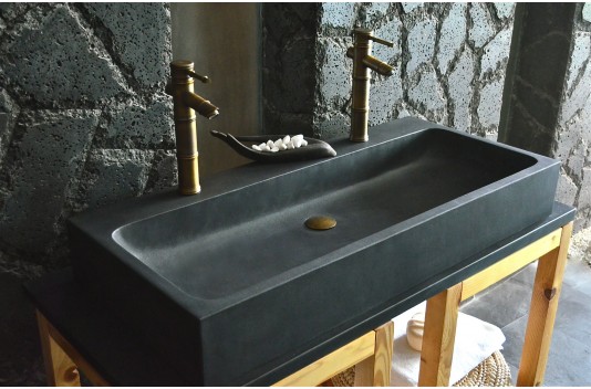 Double vasque en pierre 100x46 de granit noir véritable LOOAN SHADOW Double vasque en pierre 100x46 de granit noir véritable LOOAN SHADOW