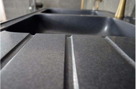 Évier de cuisine pierre Granit noir véritable 2 bacs + égouttoir 120x60 BESSO SHADOW Évier de cuisine pierre Granit noir véritable 2 bacs + égouttoir 120x60 BESSO SHADOW