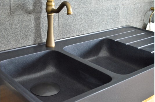 Évier de cuisine pierre Granit noir véritable 2 bacs + égouttoir 120x60 BESSO SHADOW Évier de cuisine pierre Granit noir véritable 2 bacs + égouttoir 120x60 BESSO SHADOW