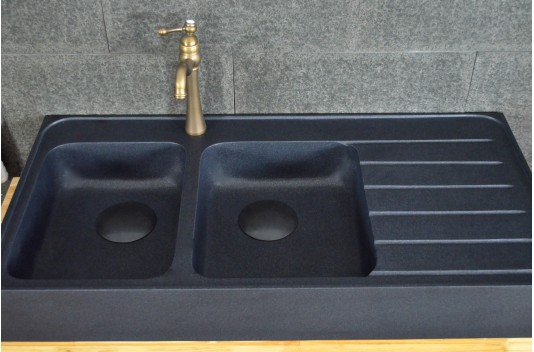 Évier de cuisine pierre Granit noir véritable 2 bacs + égouttoir 120x60 BESSO SHADOW Évier de cuisine pierre Granit noir véritable 2 bacs + égouttoir 120x60 BESSO SHADOW