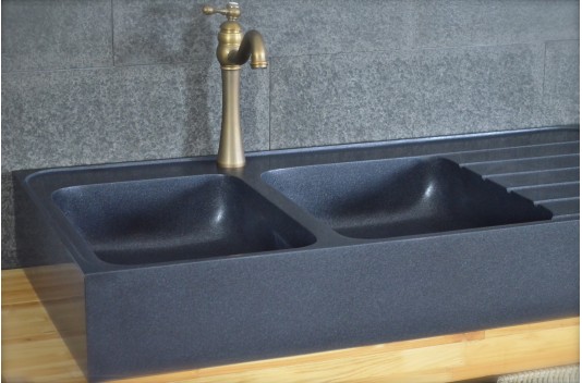 Évier de cuisine pierre Granit noir véritable 2 bacs + égouttoir 120x60 BESSO SHADOW Évier de cuisine pierre Granit noir véritable 2 bacs + égouttoir 120x60 BESSO SHADOW