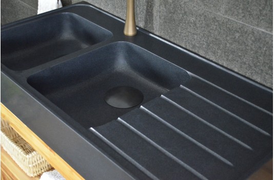 Évier de cuisine pierre Granit noir véritable 2 bacs + égouttoir 120x60 BESSO SHADOW Évier de cuisine pierre Granit noir véritable 2 bacs + égouttoir 120x60 BESSO SHADOW