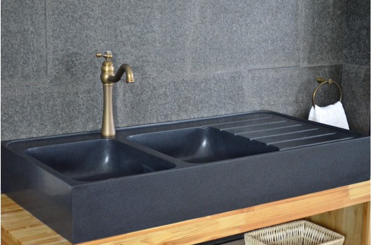 Évier de cuisine pierre Granit noir véritable 2 bacs + égouttoir 120x60 BESSO SHADOW Évier de cuisine pierre Granit noir véritable 2 bacs + égouttoir 120x60 BESSO SHADOW