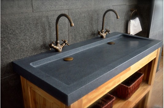 Double vasque en granit gris pierre véritable 120x50 YATE Double vasque en granit gris pierre véritable 120x50 YATE