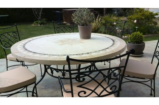 Table de jardin ronde pierre mosaïque marbre 90-160 MEXICO