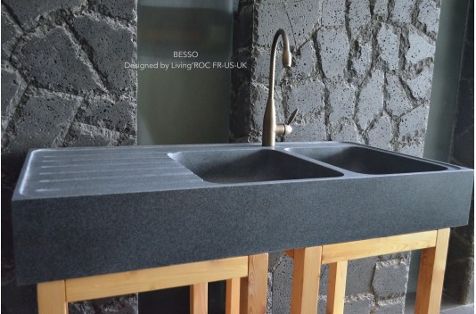 Évier de cuisine en granit véritable 2 bacs + égouttoir 120x60 BESSO