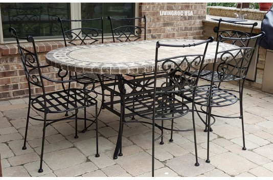 Table de jardin en mosaïque marbre travertin ovale 160-180-240  OVALI Table de jardin en mosaïque marbre travertin ovale 160-180-240  OVALI