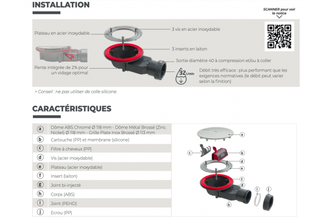Bonde douche extra plate à membrane 90mm - FLAT SMART STONE+ INOX Bonde douche extra plate à membrane 90mm - FLAT SMART STONE+ INOX