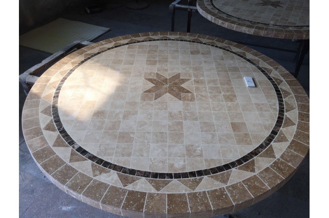 Table de jardin ronde pierre mosaïque marbre 90-160 MEXICO