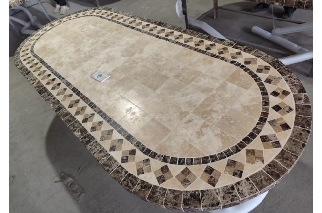 Table de jardin en mosaïque marbre travertin ovale 160-180-240  OVALI Table de jardin en mosaïque marbre travertin ovale 160-180-240  OVALI